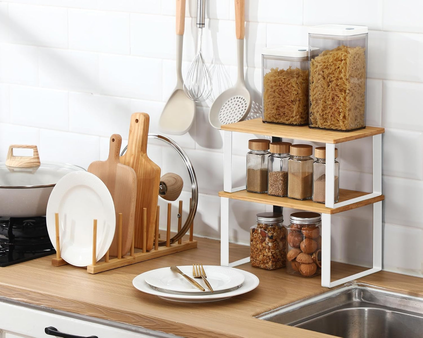 Marsui 4 Pcs Kitchen Organizer Accessories Set Cabinet Organizer Shelf and Bamboo Dish Drying Plate Rack Counter Shelves Storage Holder for Spice Rack, Dish, Pot Lid, Bowl, Cup(Wooden Color)