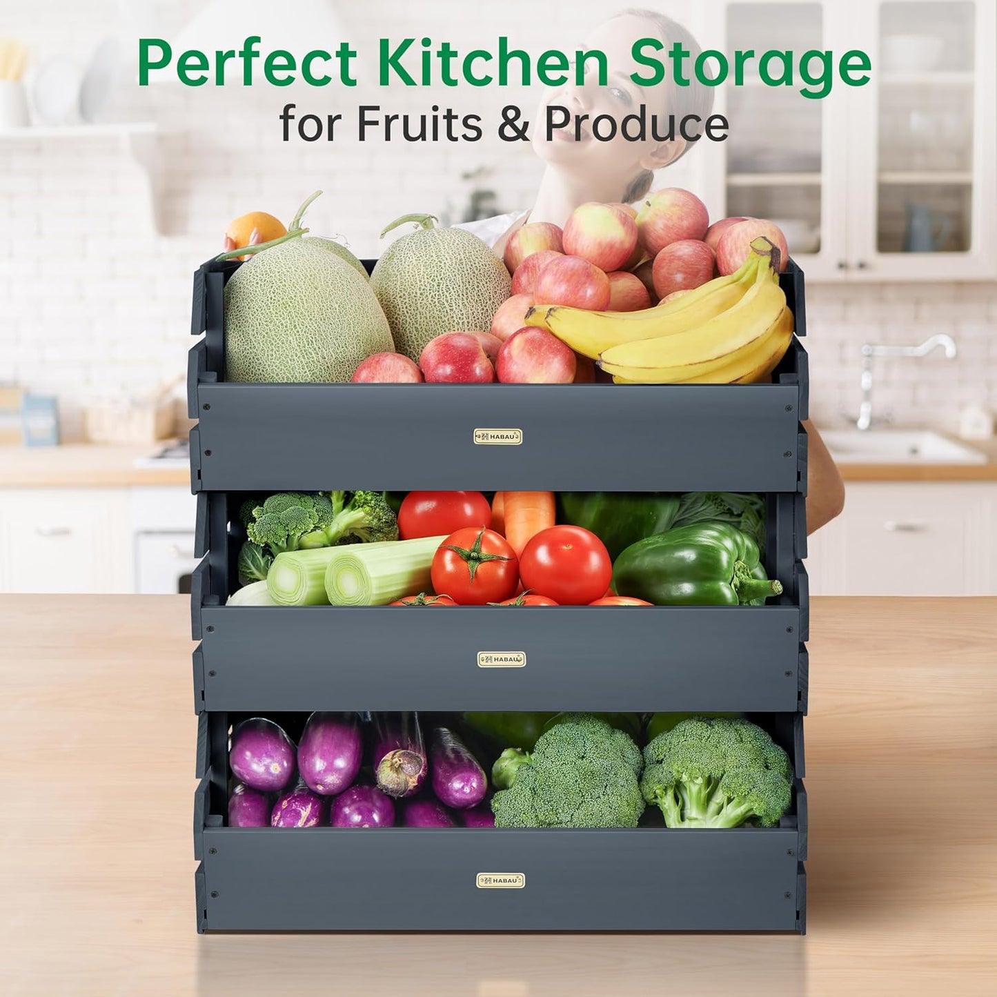 HABAU Wood Potato Onion Storage Bins - Wooden Stackable Produce Basket - Fruit Vegetable Storage for Kitchen Pantry Organization, Set 3 Pieces