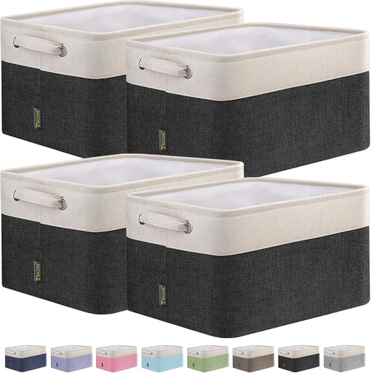 BALEINE Fabric Storage Bins for Shelves, Linen Storage Baskets for Organizing, Decorative Closet Storage Bins for Clothes, Toys, Home Storage (Black, 4 Pack)