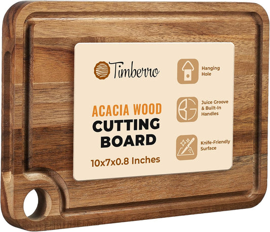 Acacia Wood Cutting Board (10x7x0.8 In.) - Small Mini Wooden Bar Steak and Cheese Chopping Boards for Kitchen with Juice Groove, Tiny Rustic Carving Breadboard for Serving Lime with Handle