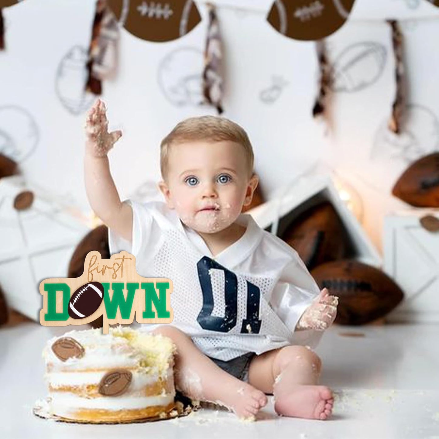 First Year Down Cake Topper - Football One Cake Topper, Sports Theme First Birthday Party Cake Decoration for Anniversary, Baby Shower, Baby Photo Booth Props, Cake Smash…