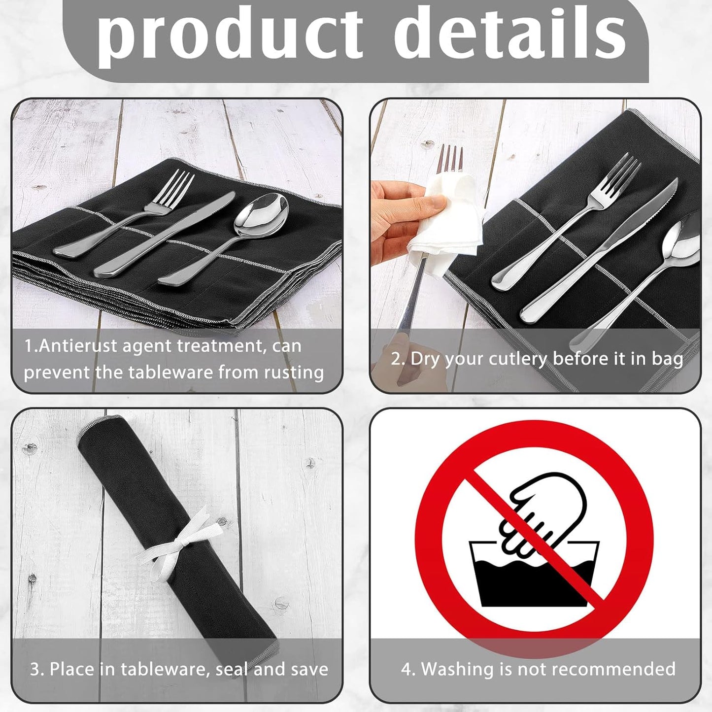 Hillban 12 Pcs Anti Tarnish Silver Storage Bags Silver Storage Cloth Felt Flatware Organizer Anti Tarnish Protector Bags Place Setting Roll with White Ribbon for Kitchen Cutlery Utensils (Black)