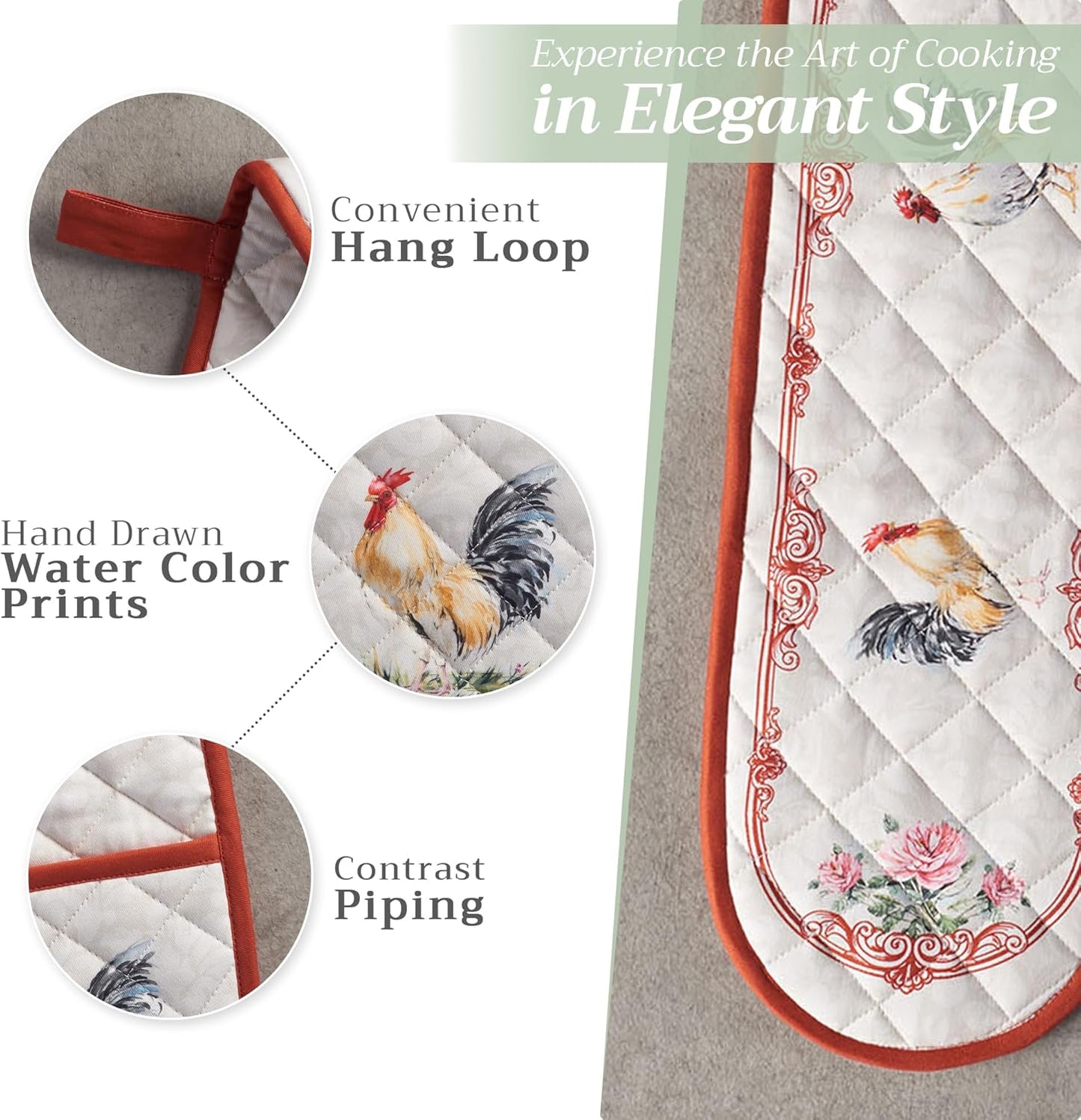 Maison d' Hermine Double Oven Mitts 100% Cotton 7"x35" Double Oven Mitt Heat Resistant BBQ Cooking Gloves with Loop, Baking, Grilling, Home, Kitchen, Handling Hot Pans Spring Summer (Campagne)