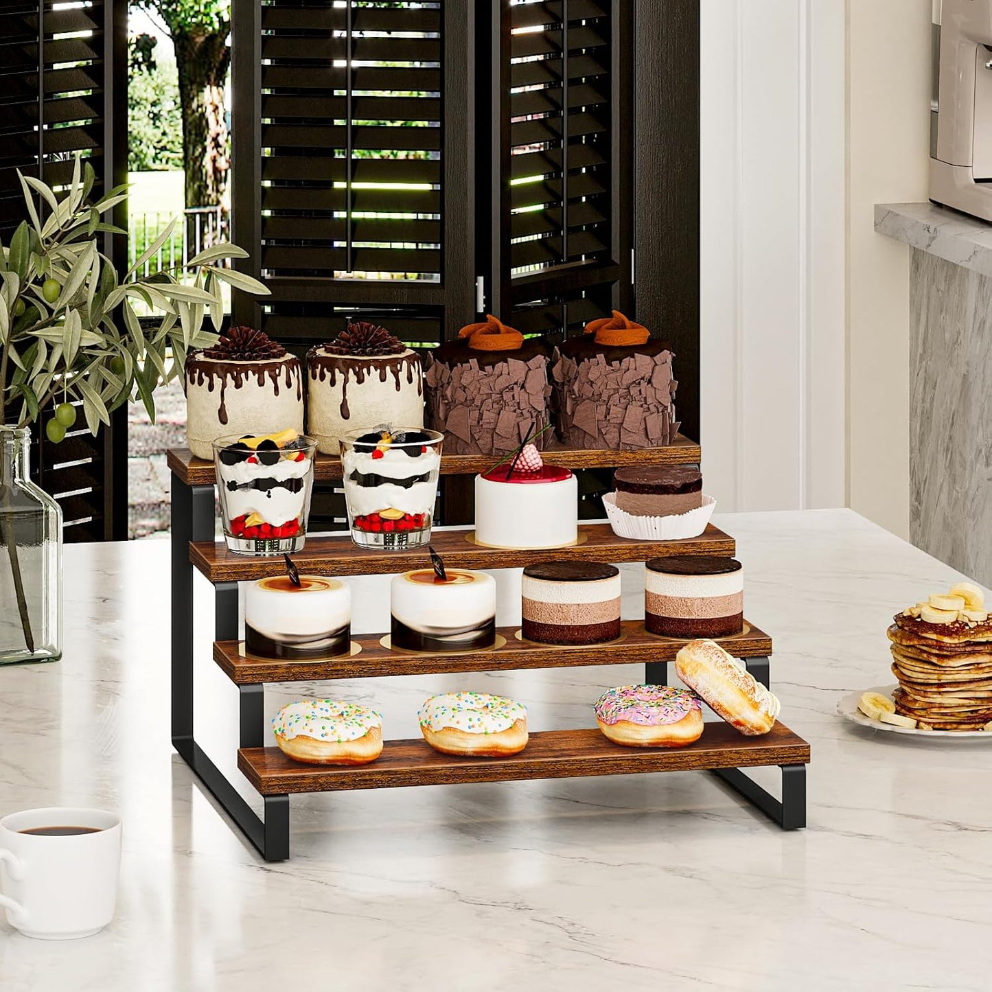 Giikin 4 Tier Spice Rack, Wooden Spice Rack for Countertop, Kitchen Counter Storage Shelves Cupcake Stand Holder Display Stand, Rustic Brown