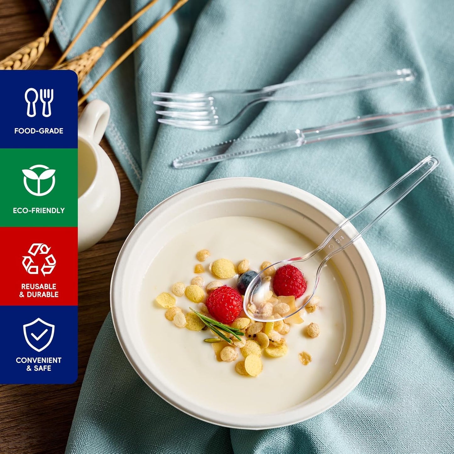 JOLLY CHEF 300 Count Clear Plastic Silverware, 150 Forks, 150 Spoons, 100 Knives, Heavy Duty BPA Free Disposable Plastic Cutlery Set, Plasticware Bulk, Premium Clear Utensils for Party Supplies