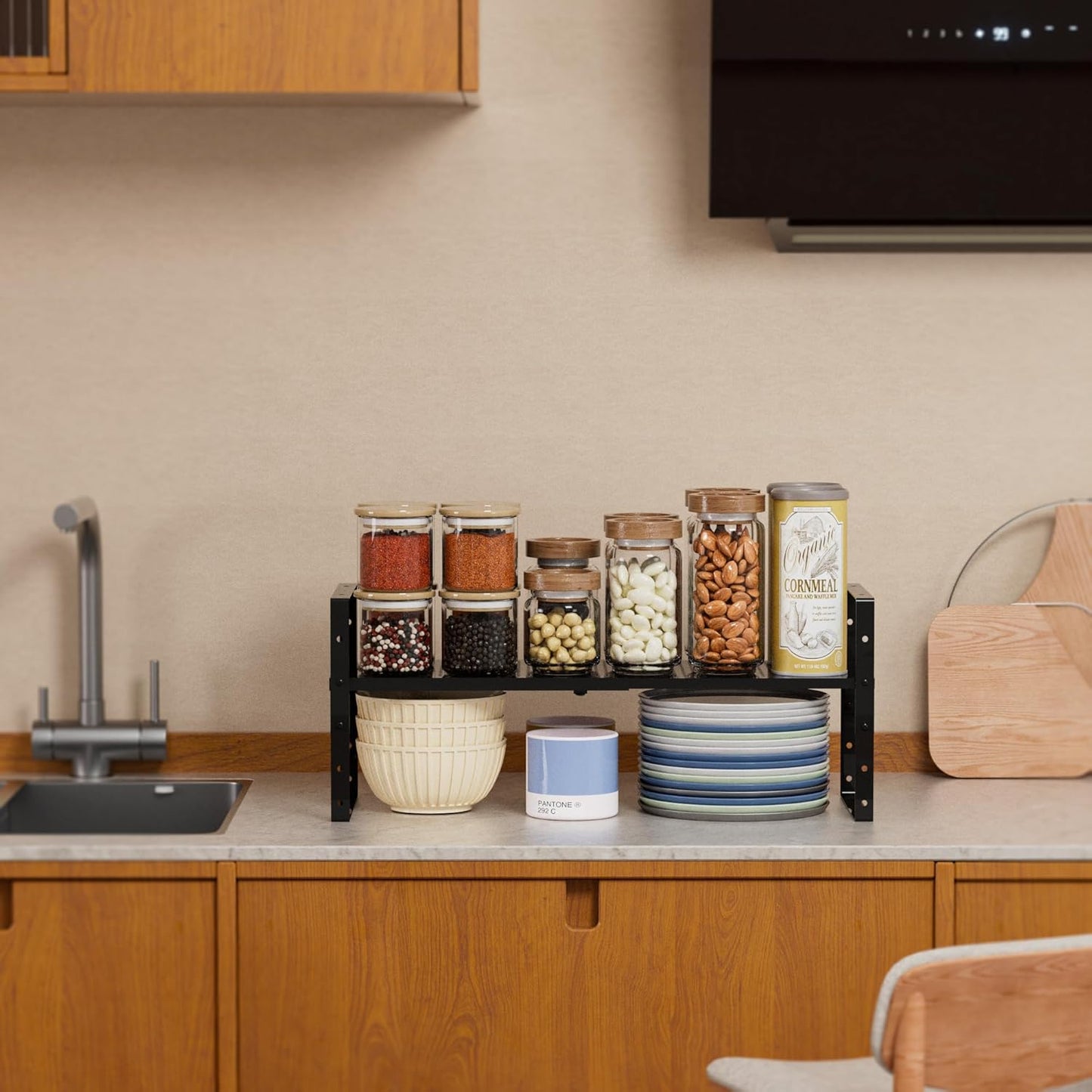 Expandable Shoe Rack Stackable Metal Pantry Storage Shelves Stand Adjustable Height Cabinet Shelf Organizer Racks Spice Shelving(1PACK/BLACK,LARGE)