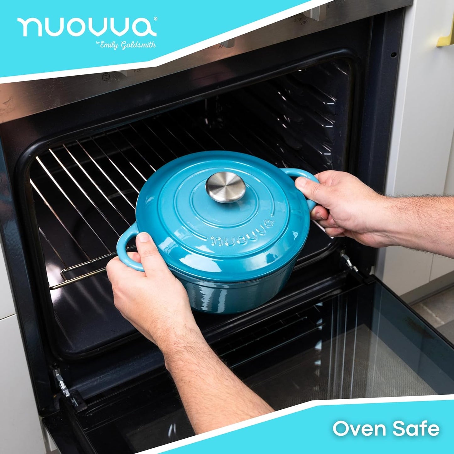 Cast Iron Pot with Lid – Non-Stick Ovenproof Enamelled Casserole Pot, Oven Safe up to 500° F – Sturdy Dutch Oven Cookware – Blue, 5-Quart, 24cm – by Nuovva