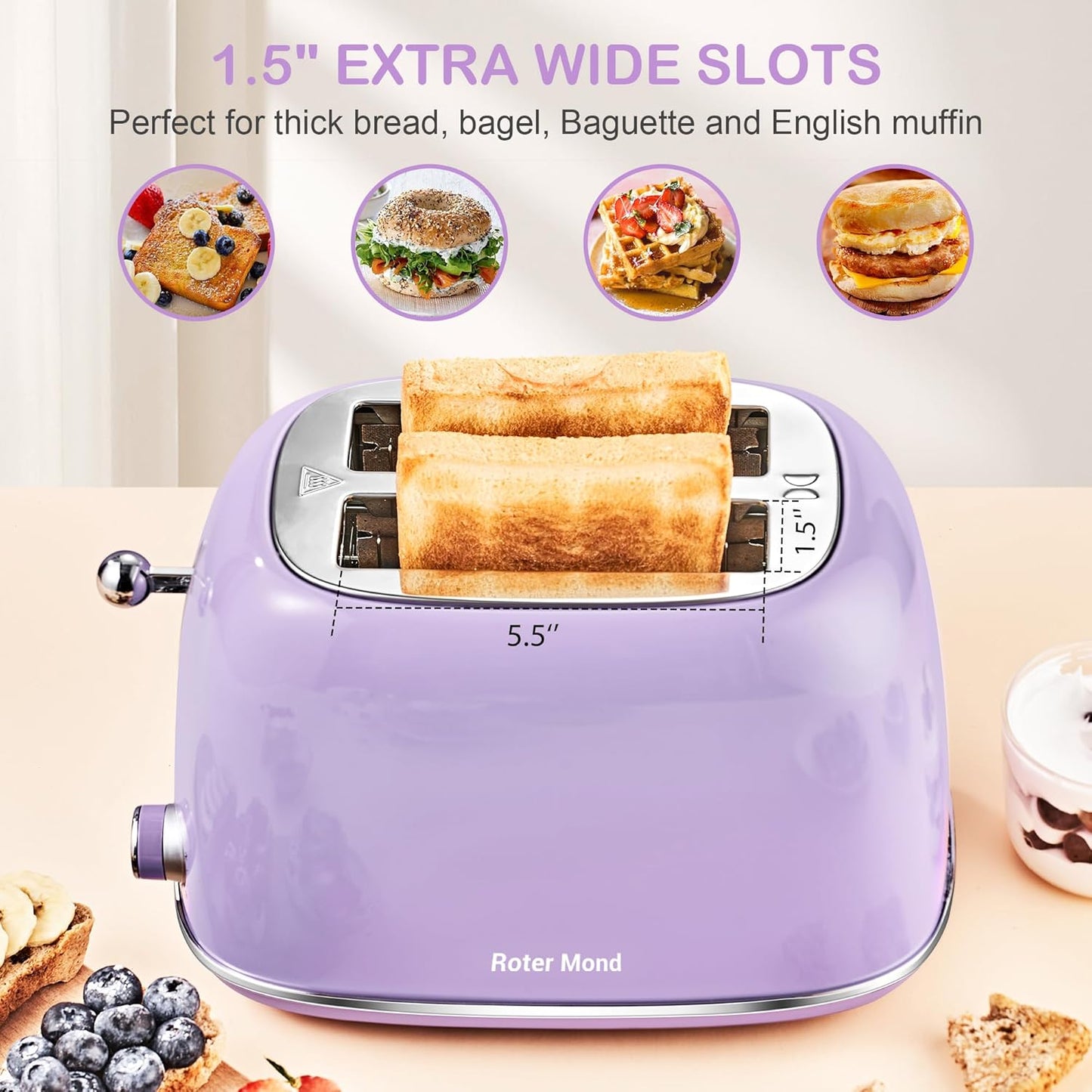 2 Slice Toaster Retro Stainless Steel with Bagel, Cancel, and Defrost Functions, 6 Bread Shade Settings, Extra Wide Slots and Removable Crumb Tray, Lavender-Purple