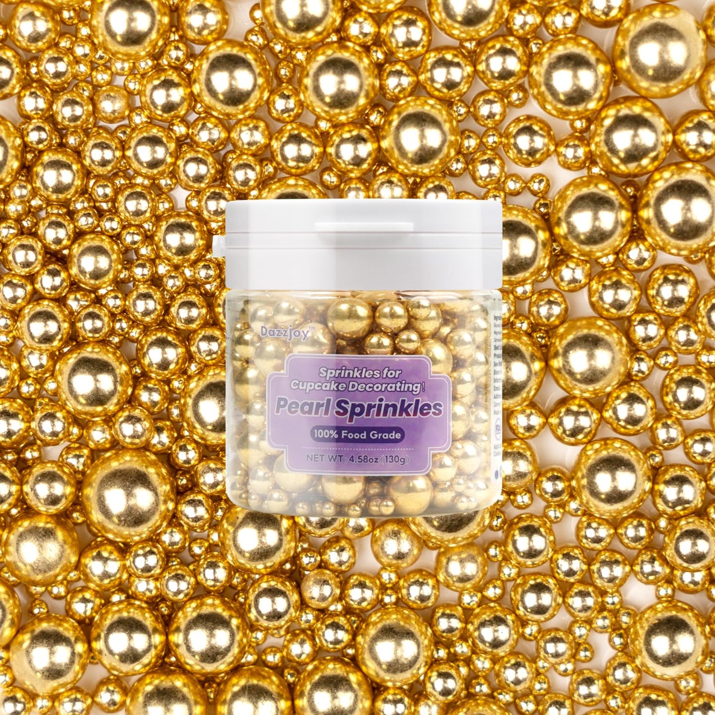 Dazzjoy Gold Pearl Sugar Sprinkles, Edible Candy Sprinkles, Cake Toppers and Cake Decorations, Mix Size, Cookie Decorating, Ice Cream, Wedding Party Valentines Supplies, 130g/4.58oz