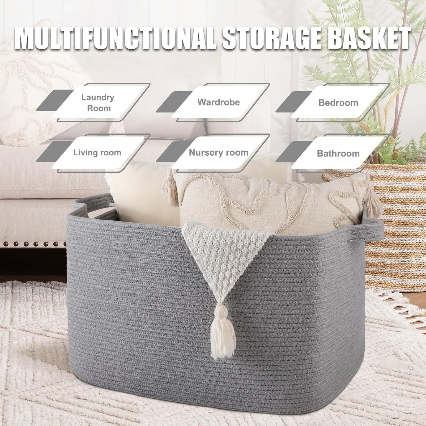 95L Large Storage Basket, Cotton Rope Woven Blanket Basket, Nursery Storage for Baby Room, Living Room, 24" x 16.9" x 14.2", Light Grey
