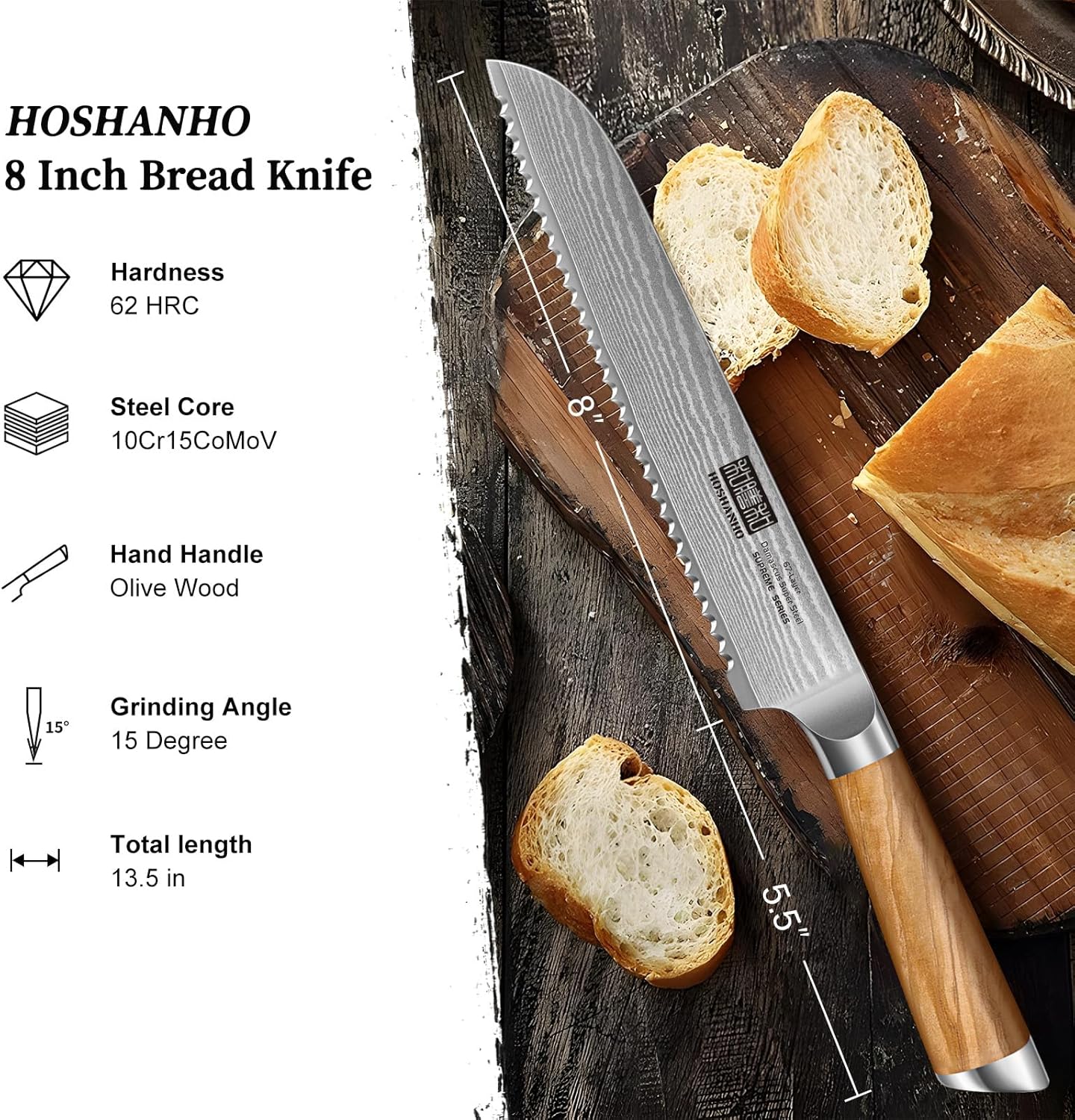 Bread Knife 8 Inch, Damascus Steel Bread Kitchen Knife with Ergonomic Olive Wood Handle, Professional Ultra-Sharp Serrated Knife for Homemade Bread, Sourdough Bread Cutting