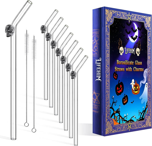 Halloween Straws Set - Cute Glass Straws with Charms | 8mm BPA Free Reusable Clear Glass Drinking Straws, Bent 9" Borosilicate Durable Skull Design Eco Friendly, Fun Party Gift with 2 Cleaners