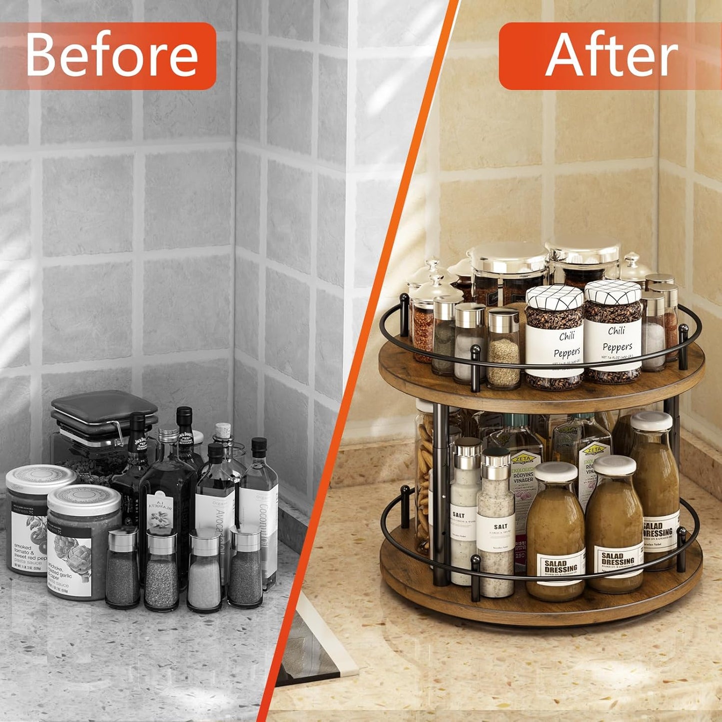 2 Tier Lazy Susan Organizer,2-Tier Spinning Spice Rack with Stable Carousel Base & 4 Height Settings for Cupboard Kitchen Countertop Dining Table Cupboard (Two-Ply(Round))