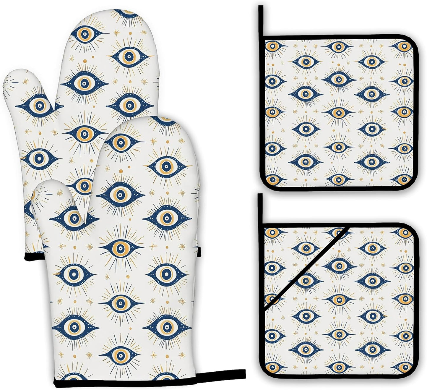 Evil Eyes Oven Mitts and Pot Holders,Heat Resistant Oven Mitts Gloves and Pot Holder for Home Kitchen Decorations Cooking Baking BBQ Gifts,Set of 4