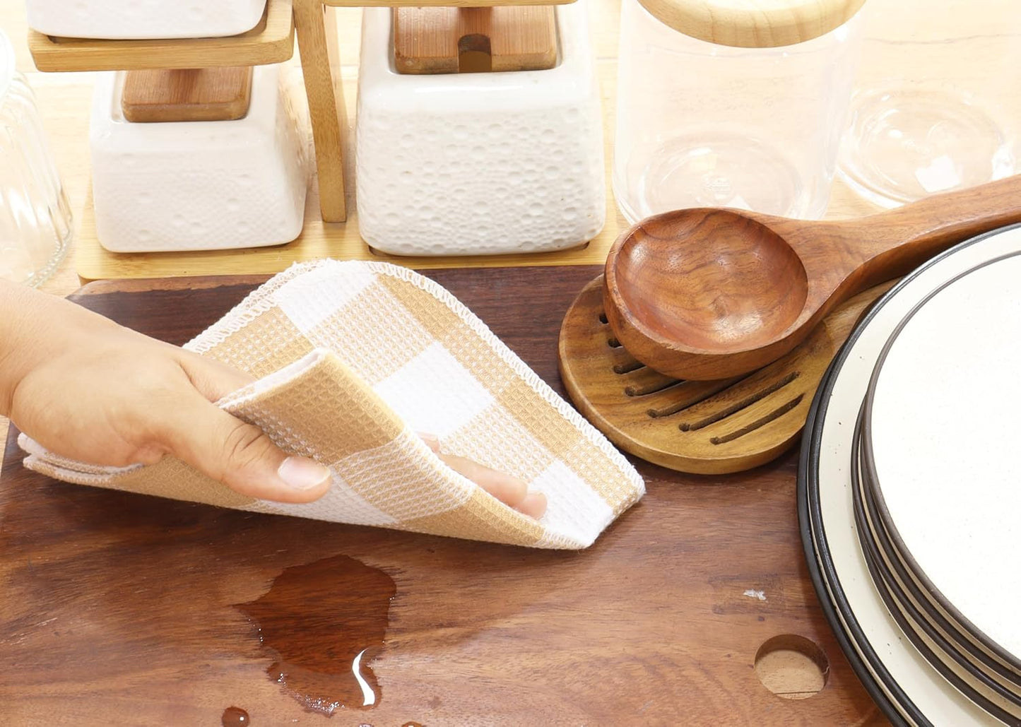 PurpleEssences Waffle Weave Plaid Dish Cloths, 100% Cotton - 12 x 12 Inches, Ultra Soft Absorbent Quick Drying Dish Towels Buffalo Check Dish Rags for Kitchen, 8 Pack - Spring Summer - Beige & White