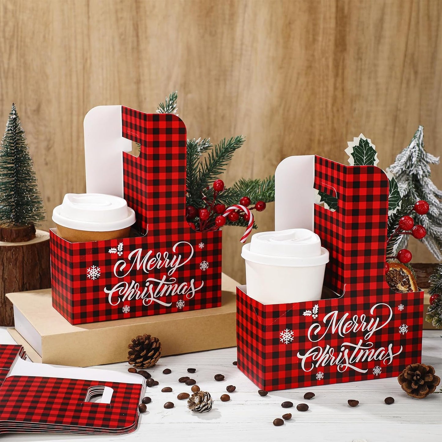 30 Pcs Christmas 2 Cup Drink Carrier with Handle Red and Black Buffalo Plaid Paper Cup Holder Bulk Christmas Caddy Cardboard Coffee Carriers for Cocoa Milk Coffee Holiday Party Supplies