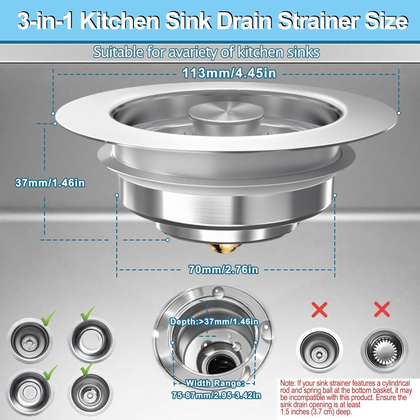3-in-1 Kitchen Sink Drain Strainer & Stopper, Stainless Steel Food Catcher Plug with Filter Basket, Fits 3-1/2 Inch Drain Hole, Universal Sink Protector Cover, Anti-Clogging, Silver