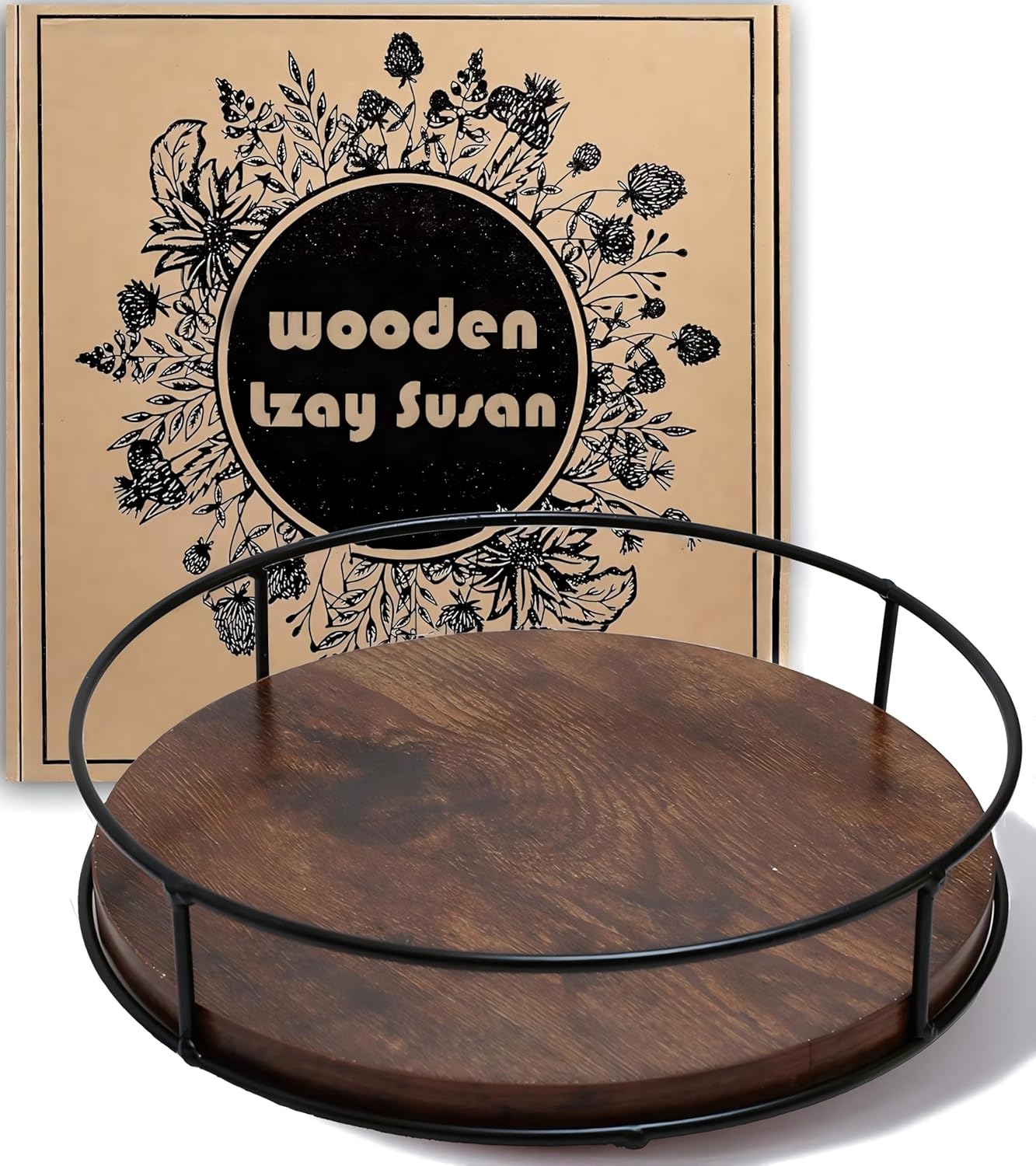 9 Inch Wood Lazy Susan Turntable for Table, Kitchen Rustic Brown Turntable Organizer with Steel Frame, 360 Degree Decorative Turntable for Countertop Cabinet or Centerpieces