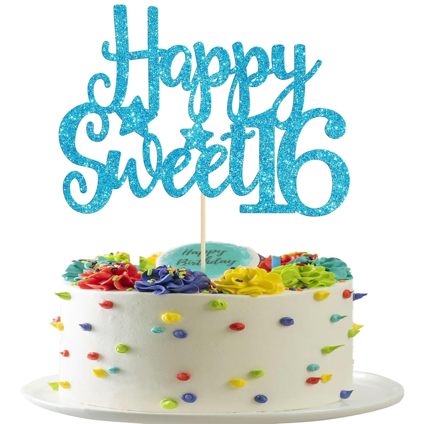 Gyufise 1Pc Happy Sweet 16 Cake Topper Glitter 16th Birthday Cake Pick for Cheers to 16 Years Old 16th Birthday Party Cake Decorations Supplies Light Blue