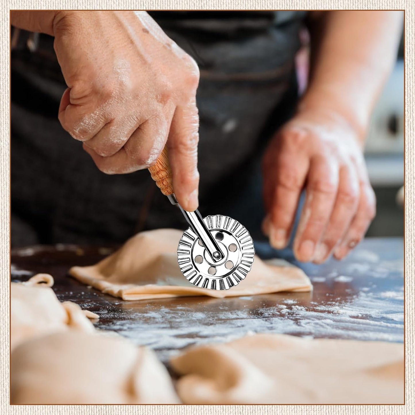 Long Handle Large Cutter Wheel - Exquisite Wooden Handle, Perfect for Pasta, Pizza, Ravioli, Pastry,Cookie - Versatile Crinkle and Biscuit Cutter for Effortless Slicing
