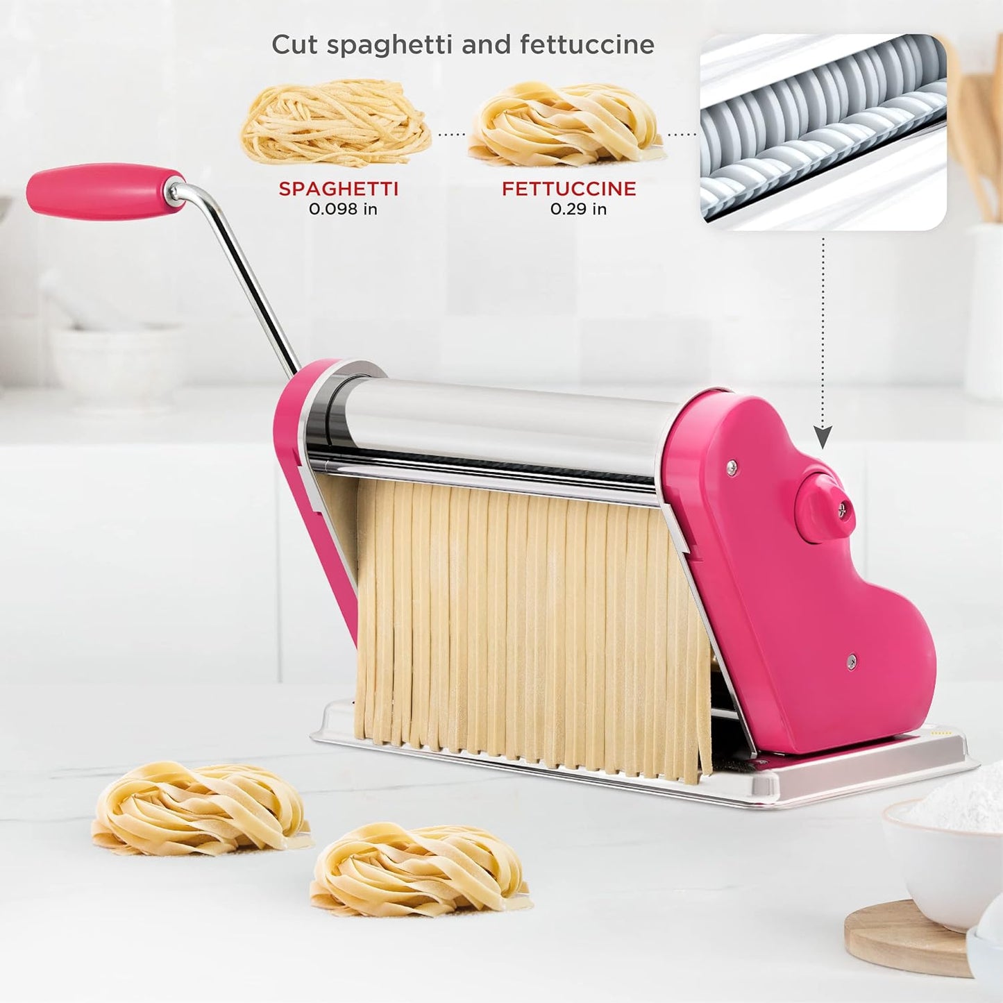 PASTALINDA Classic 260 Pasta Maker Machine, 26 cm Wide Rollers, 9 Thickness Positions, 2 Cutting Positions, Stainless Steel. Includes Reinforced Hand Crank And Two Clamps (Fuchsia)