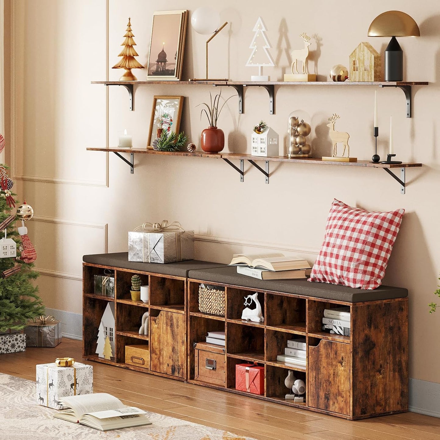 DINZI LVJ Long Wall Shelves, Set of 4, 47.3Inch Wall Mounted Shelves, Extra Large Storage Ledges with Sturdy Metal Brackets for Living Room, Bathroom, Bedroom, Kitchen, Rustic Brown