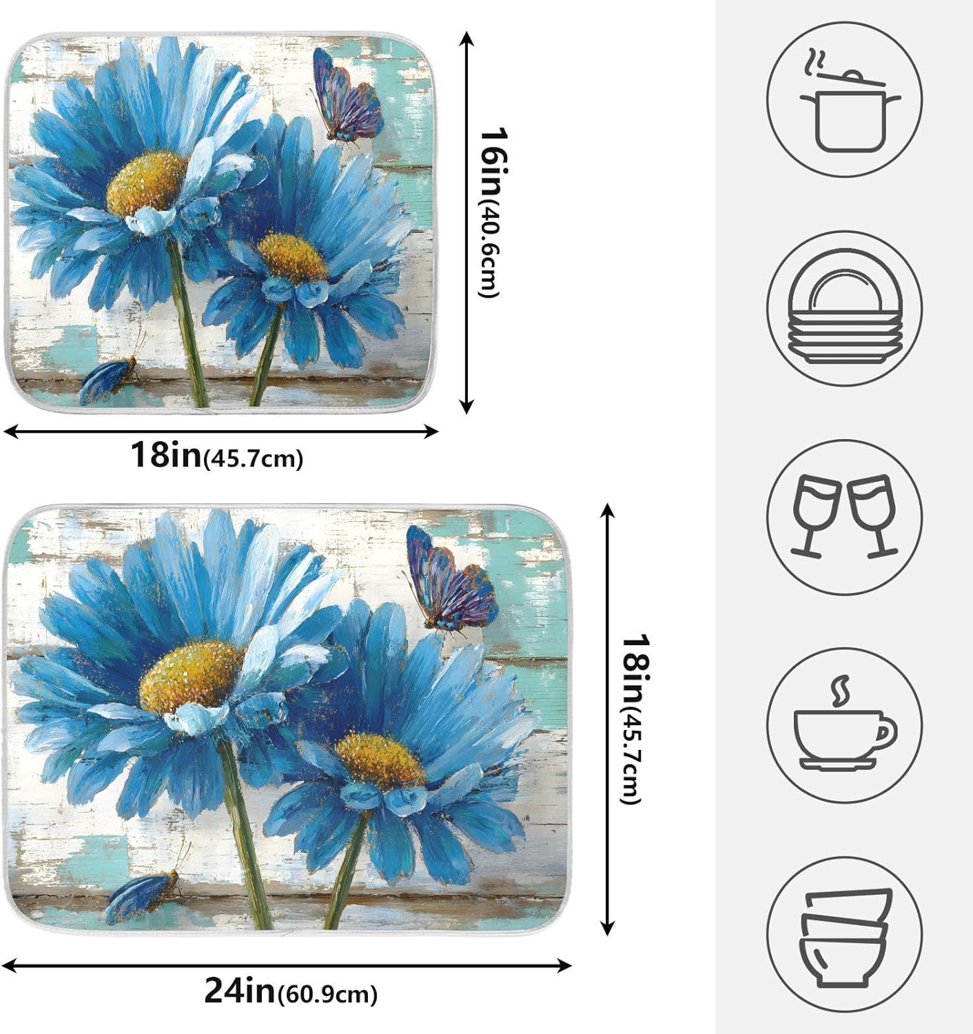Rustic Daisy Blue on Vintage Wooden Dish Drying Mat for Kitchen Counter Absorbent Microfiber Large Drying Pad Dish mats for Kitchen Countertops 18 x 24 Inch