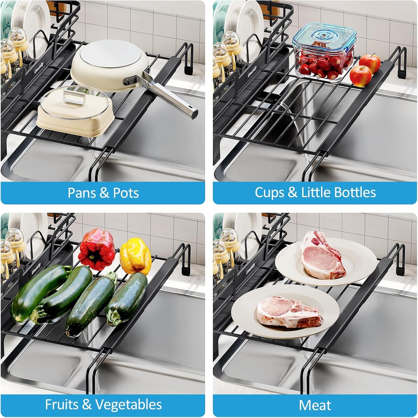 Extendable Dish Drying Rack, 2 in 1 Multifunction Dish Rack for Kitchen Counter, Expandable Dish Drainer Over Sink, Large Plate Strainer with Drainboard & Cups Holder