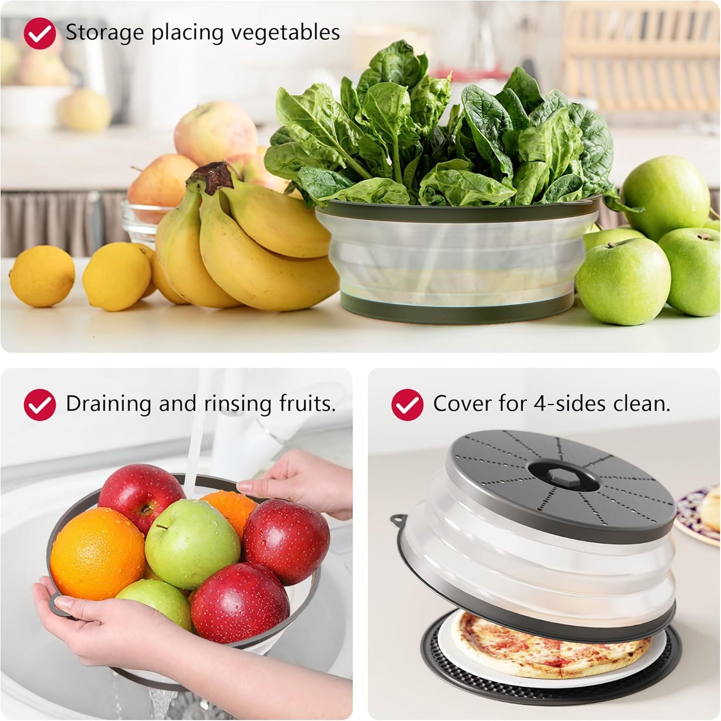 WVM Microwave Splatter Cover & Mat, Vented Collapsible Splatter Guard dish Plate lid & Silicone Round Kitchen Mat for Food, Meal Prep, Dark Grey