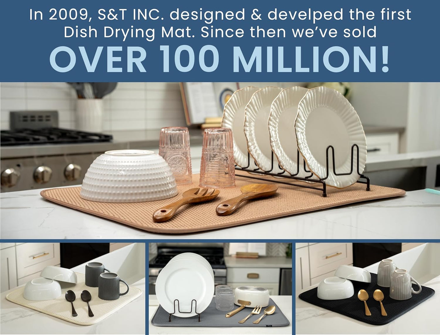 S&T INC. Dish Drying Mat, 16” x 18”, Absorbent Microfiber Kitchen Counter Mat, Drying Pad for Dishes, Utensils, Pots and Pans, Large, Diamond Texture, Black