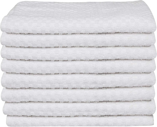DG Collections White Kitchen Towels - 100% Cotton Terry Tea Towels for Cleaning, Drying, and Highly Absorbent Kitchen Dish Cloth for Bar Cleaning - 8 Pack - 15 x 25 Inches