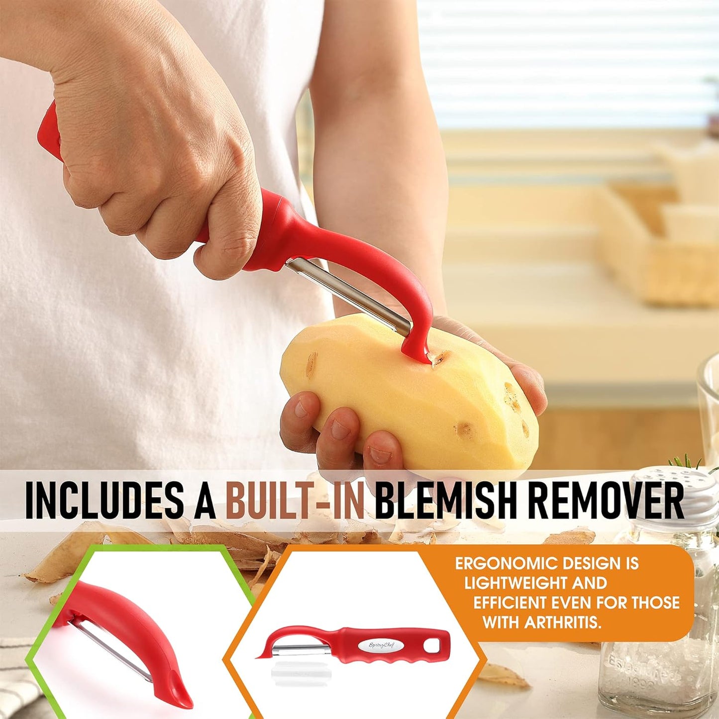 Spring Chef Premium Swivel Vegetable Peeler, Soft Grip Handle and Ultra Sharp Stainless Steel Blades - Perfect Kitchen Peeler For Veggie, Fruit, Potato, Carrot, Apple - Red