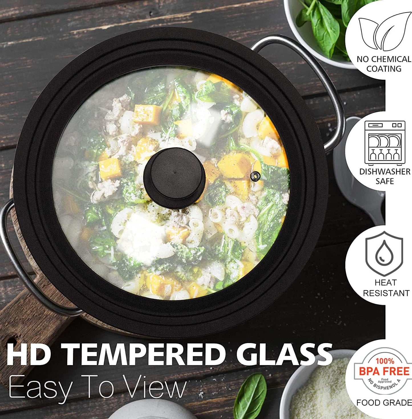 Anaeat Silicone Universal Lid for Pots, Pans and Skillets - Tempered Glass Covered with Heat Resistant Silicone Rim Fits 8", 8.5" and 9.5" Diameter Cookware -Easy to Use Replacement Frying Pan Cover