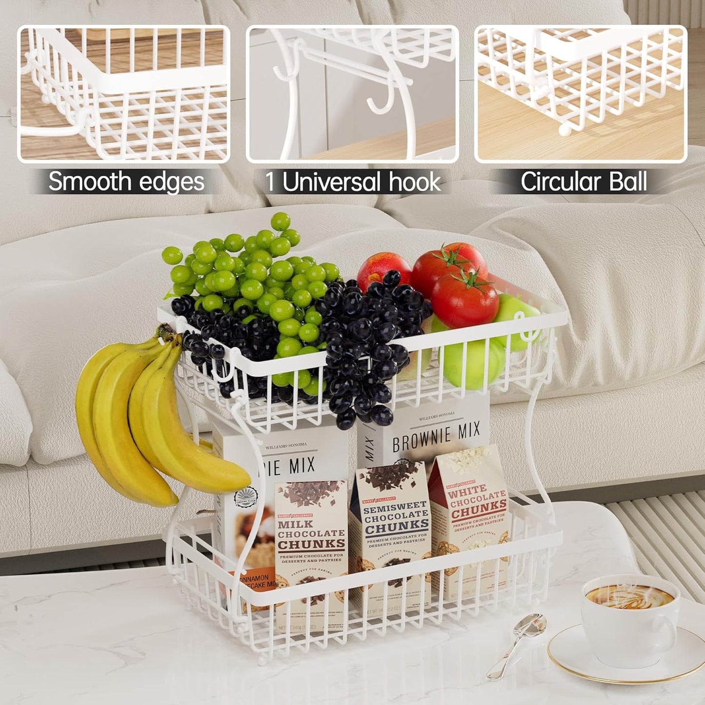 Fruit Basket,2-Tier Fruit Bowl with Banana Hanger,Kitchen Storage Countertop Rack,Fruit Metal Bowls Perfect for Holding Fruit,Vegetables,Snacks(White)