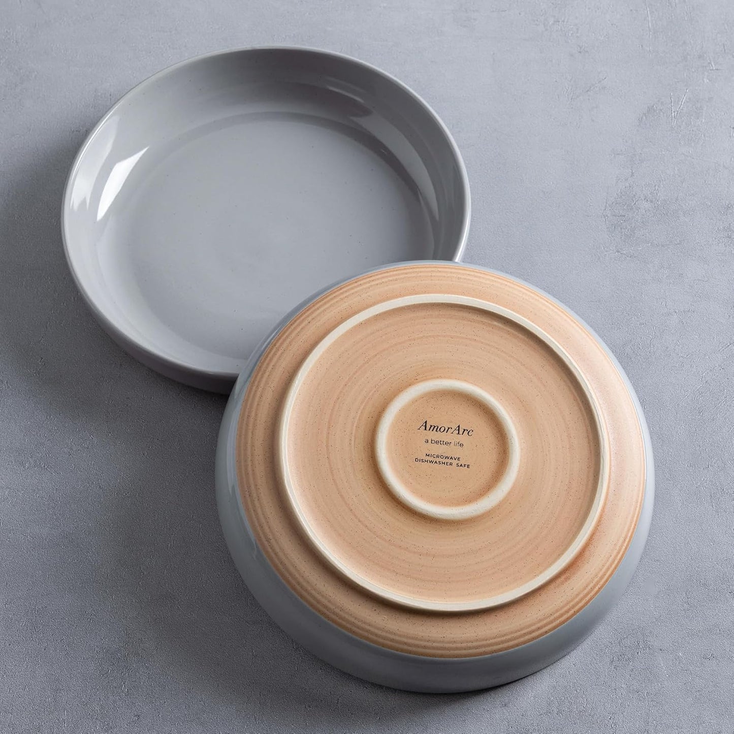 AmorArc 8.75'' Large Ceramic Pasta Bowls, 36oz Handpainted Stoneware Bowls Set of 4, Microwave&Dishwasher Safe Bowls with Wavy Rim&Rustic Terracotta Underside for Pasta Salad, Gray