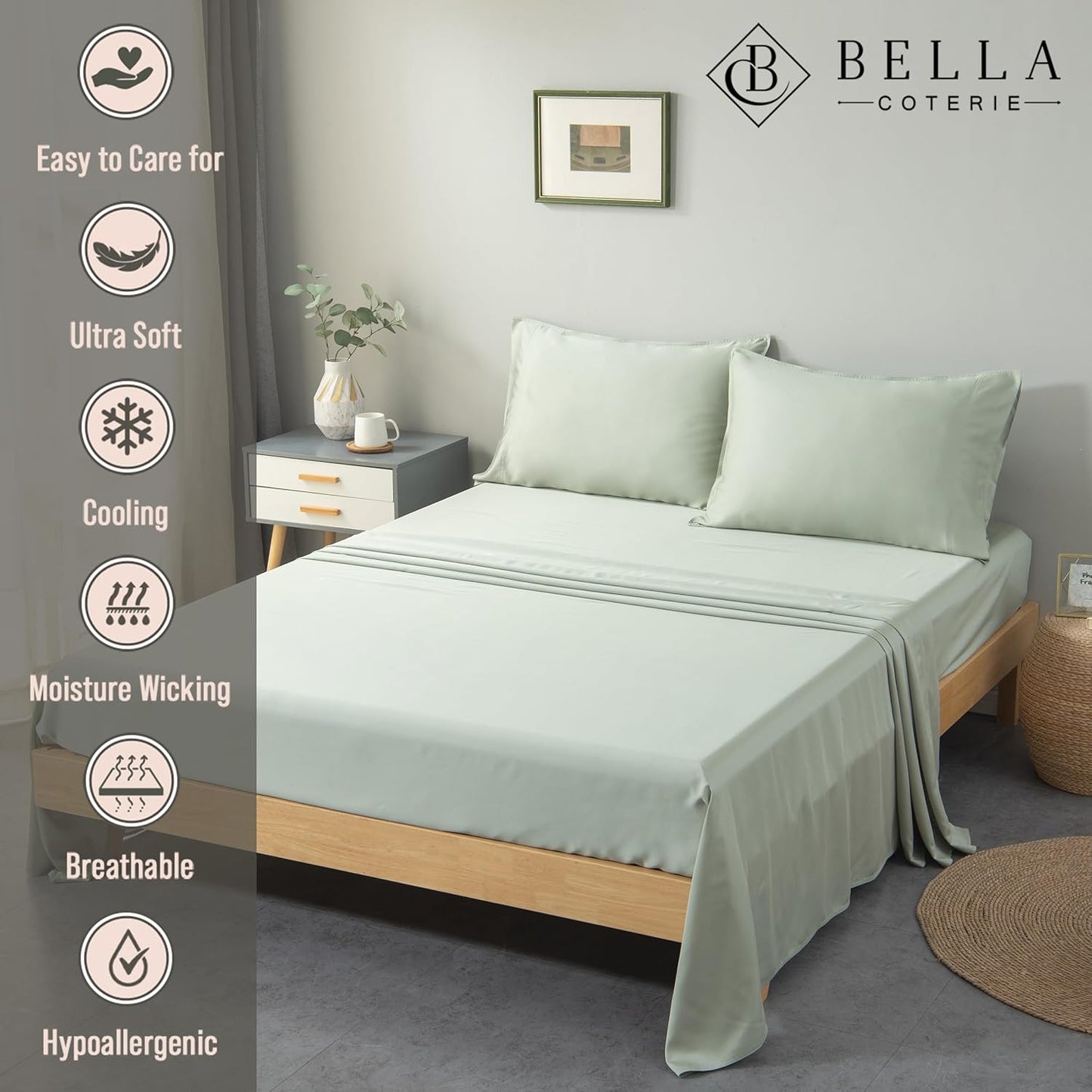 Bella Coterie Luxury Bamboo Viscose Split Top King Size Sheet Set | 100% Organically Grown | Ultra Soft | 34" Split | Cooling for Hot Sleepers | 18" Deep Pocket [Sea Glass]