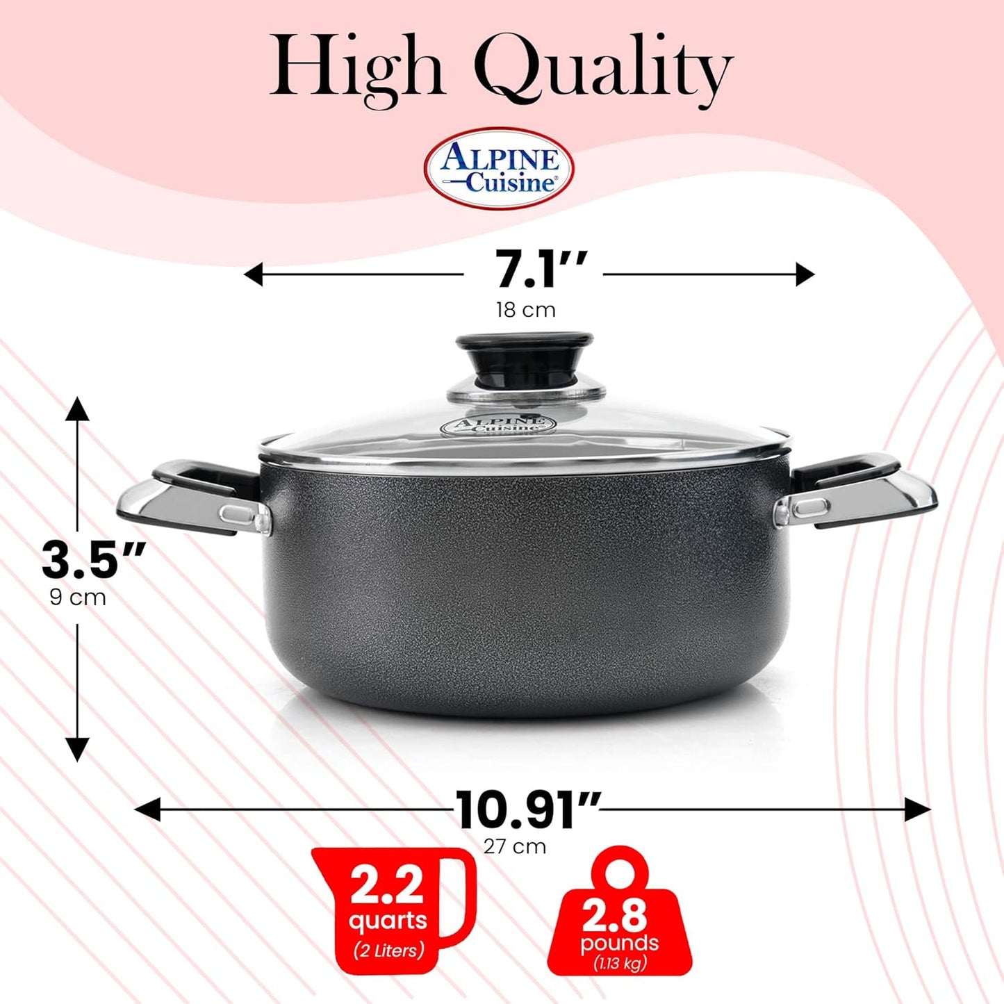 Alpine Cuisine 2.2 Quart Non-stick Stock Pot with Tempered Glass Lid and Carrying Handles, Multi-Purpose Cookware Aluminum Dutch Oven for Braising, Boiling, Stewing