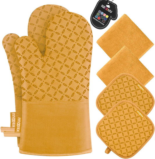 KEGOUU Oven Mitts and Pot Holders 6pcs Set, Kitchen Oven Glove High Heat Resistant 500 Degree Extra Long Oven Mitts and Potholder with Non-Slip Silicone Surface for Cooking （Orange）