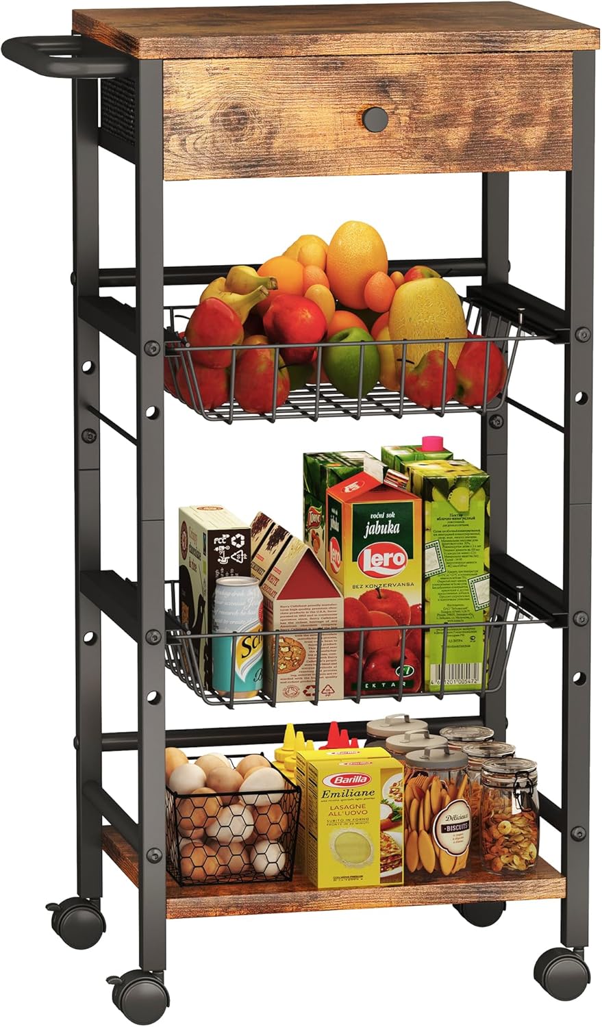 Kitchen Organizer and Storage Cart with Fabric Drawer and Convenient Handle, Snack Organizer Cart with 2 Pull-Out Baskets and 2 Storage Shelves, Rolling Kitchen Cart for Fruit Potato Onion Vegetable