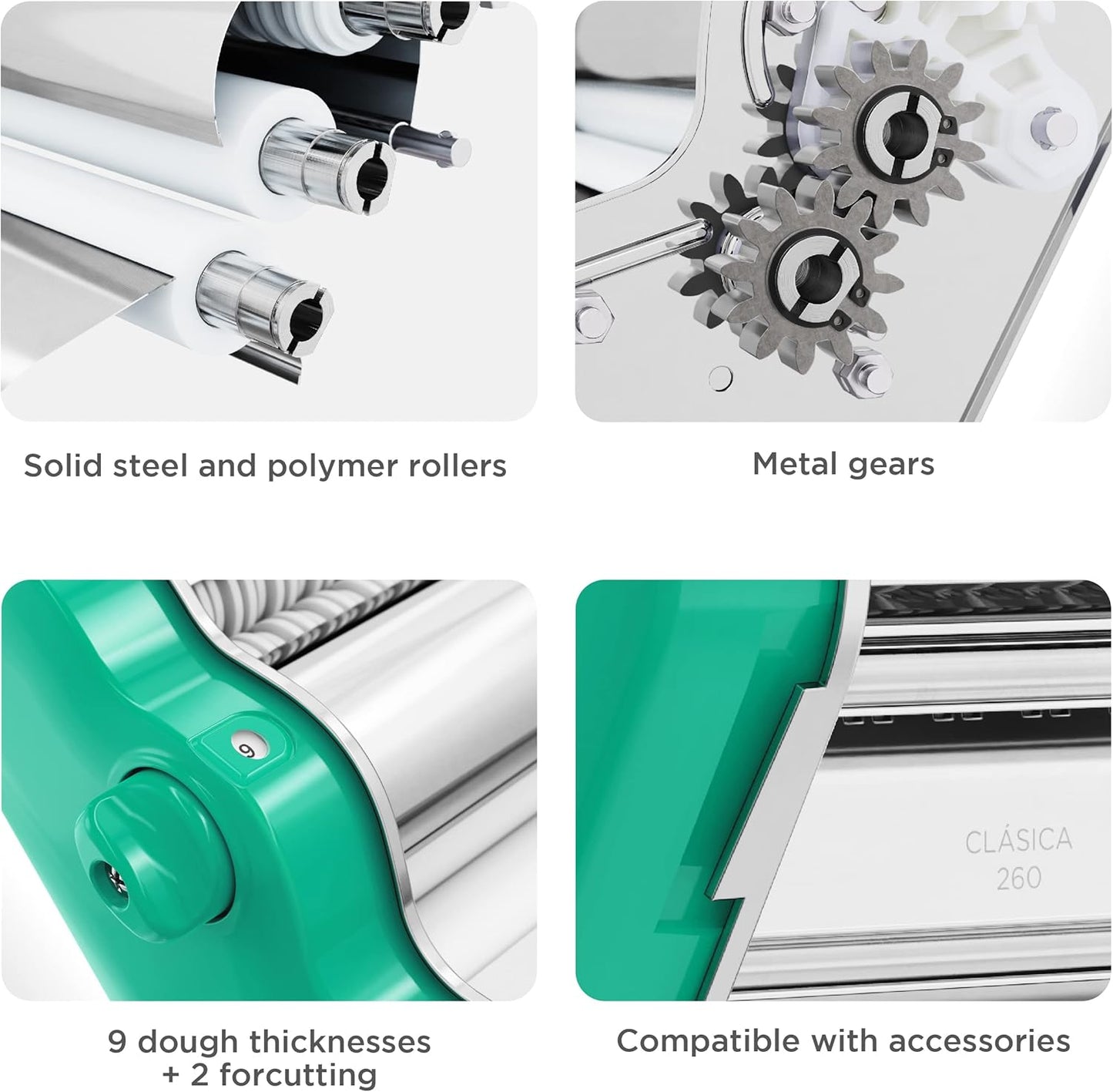 PASTALINDA Classic 260 Pasta Maker Machine, 26 cm Wide Rollers, 9 Thickness Positions, 2 Cutting Positions, Stainless Steel. Includes Reinforced Hand Crank And Two Clamps (Green)