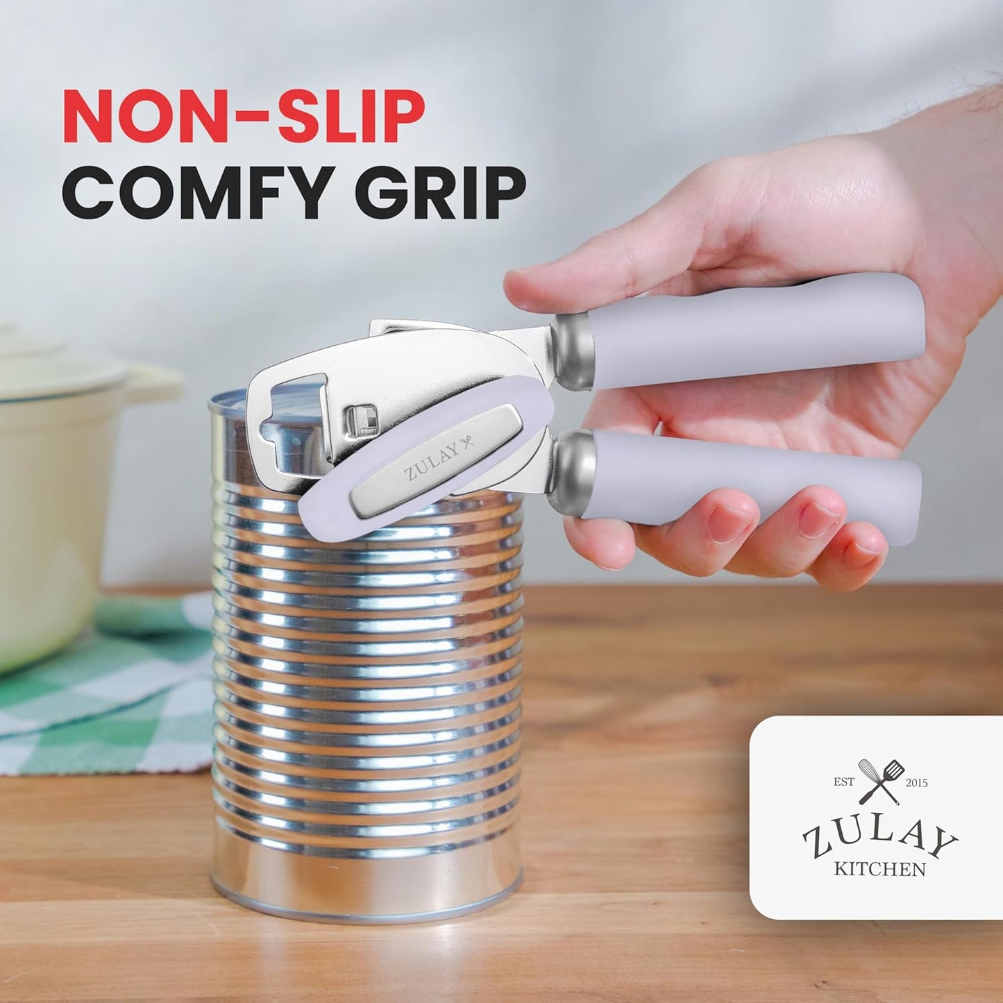 Zulay Kitchen Heavy Duty Stainless Steel Can Opener Manual with Bottle Opener - Rust Proof Manual Can Opener With Turn Knob & Comfy Soft Grip Handles - Light Lilac