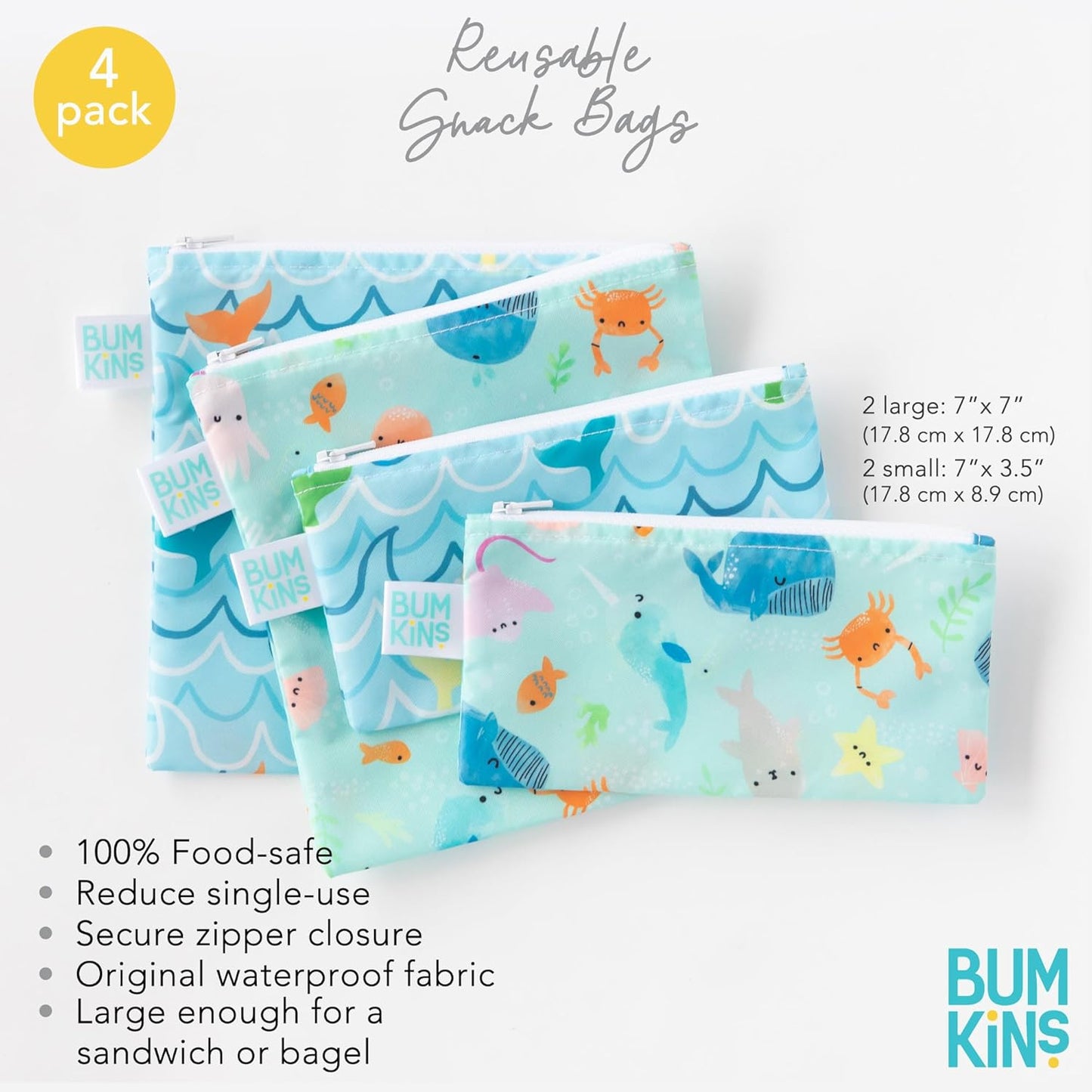 Bumkins - Cloth Snack & Sandwich Bags - For Storage, Travel, Food Prep, Lunch - Reusable, Water Resistant, Washable, Dishwasher Safe - Snack Bags for Kids - Zipper Closure - Ocean Life - 4 Pack