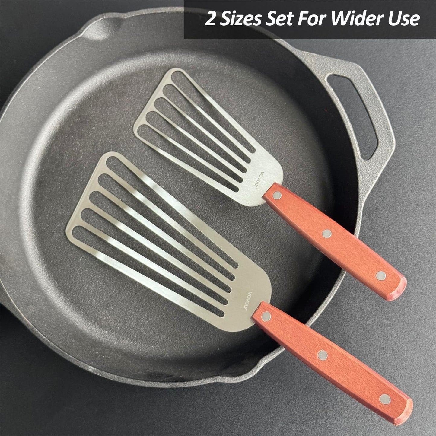 2 Pack Fish Spatula Turner, Stainless Steel Slotted Spatulas for Flipping, Turning, Frying & Grilling, 3"x6"+4"x8" Metal Slotted Spatulas, Wooden Full Tang Handle & Curved Blade