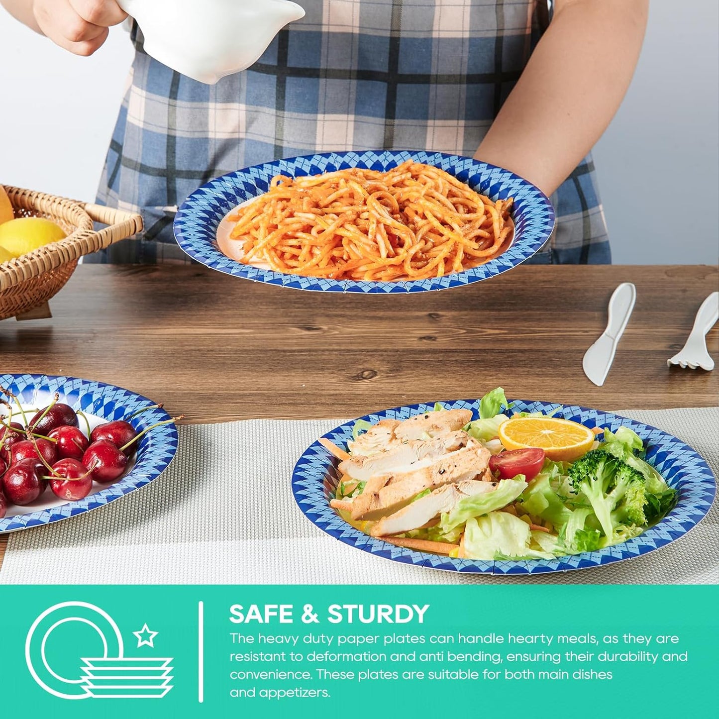 JOLLY PARTY 8.37 inch Disposable Paper Plates, 300 Count Dinner Plates, Soak Proof, Cut Proof for Everyday Use, Navy Diamond Pattern Rim Design