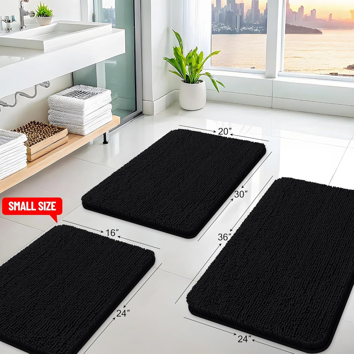 Arotive Bathroom Rugs 34x21, Extra Soft Absorbent Shaggy Chenille Bath Rugs, Machine Washable Rubber Backing Non-Slip Bath Mats for Bathroom Floor Tub and Shower, Home Decor Accessories, Black