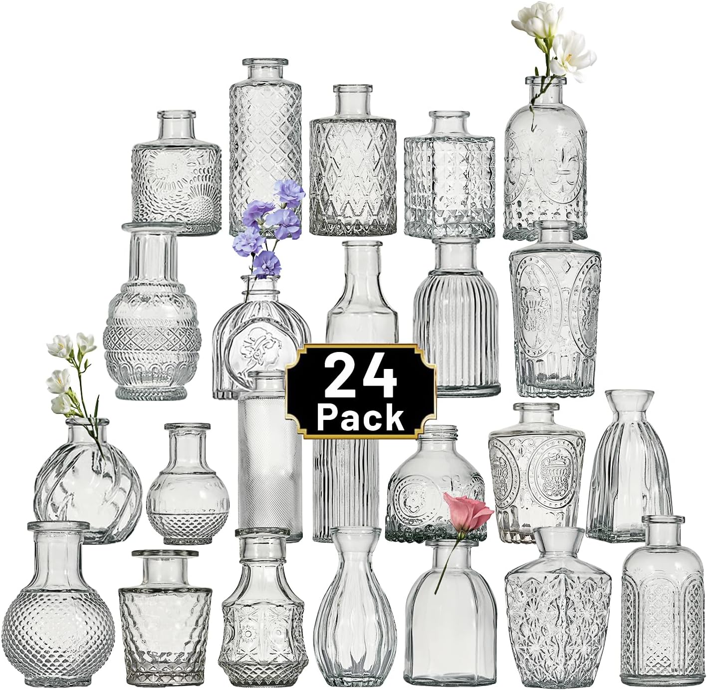 Glass Bud Vase Set of 24 Pcs Small Minimalist Vases for Flowers, Vintage Rustic Home Decor for Table Centerpiece Wedding Party, Modern Clear Aromatherapy Bottle for Living Room Bedroom