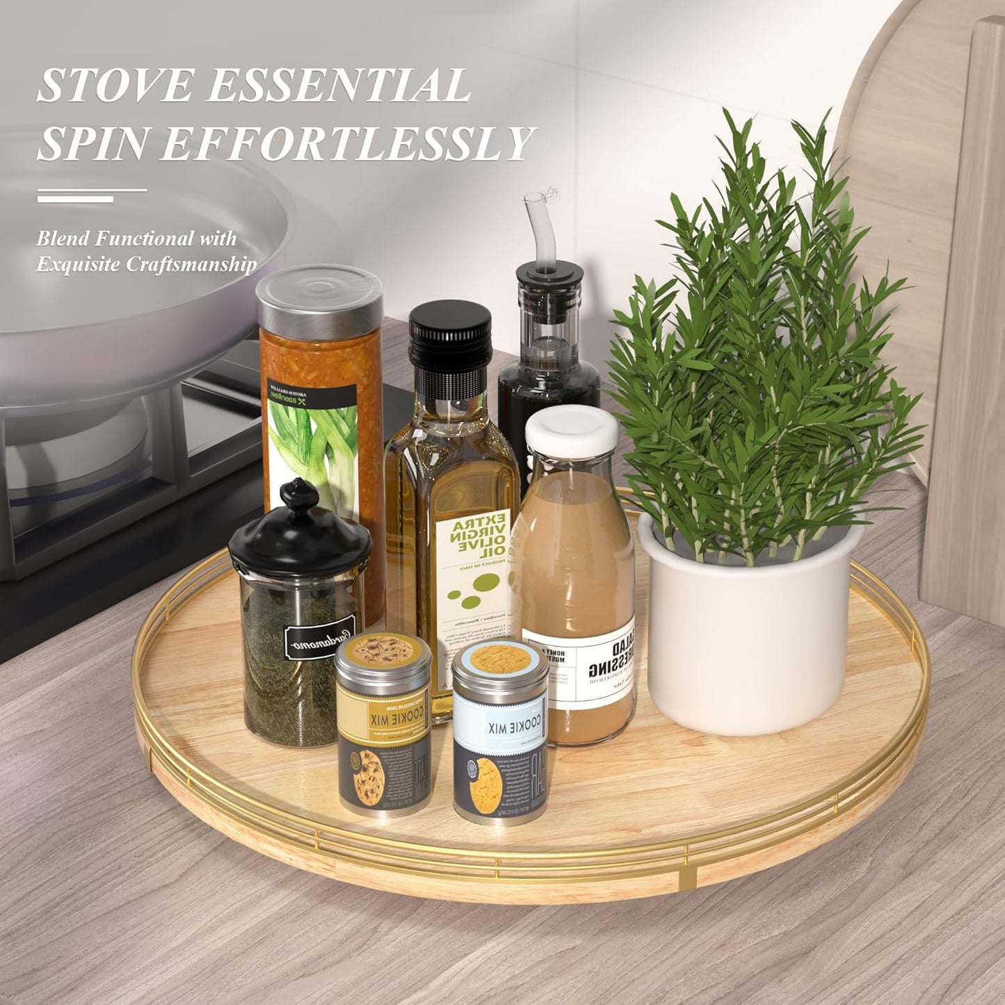 18 Inch Rustic Lazy Susan Turntable – Solid Oak & Iron Wood Rotating Tray for Dining Table, Kitchen Counter, Coffee Table – Farmhouse Style Large Wooden Lazy Susan Organizer for Home Décor