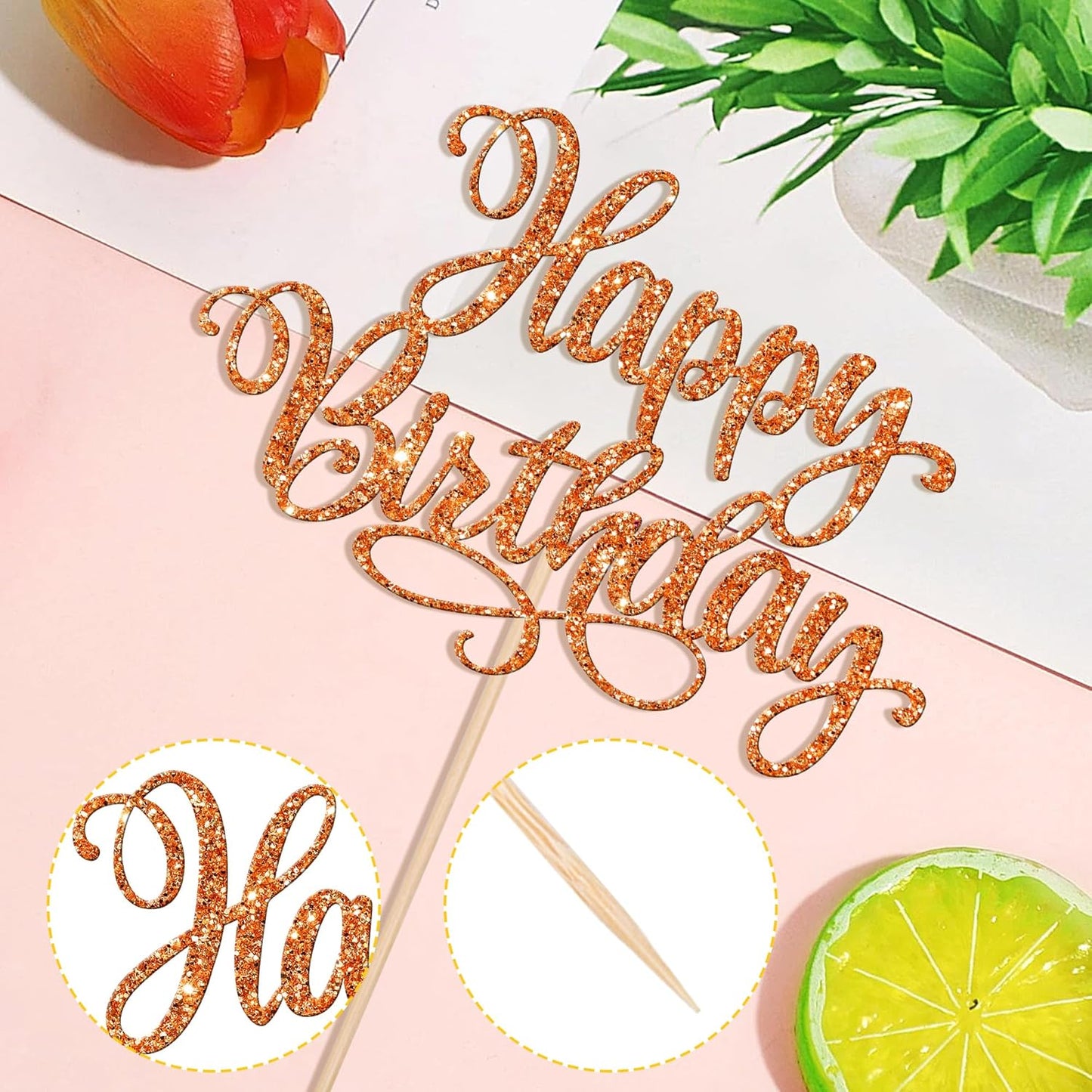 1 PCS Happy Birthday Cake Topper Glitter Happy Birthday Cake Pick Bunting Decor for Anniversary Celebrating Happy Birthday Party Cake Decorations Supplies Orange