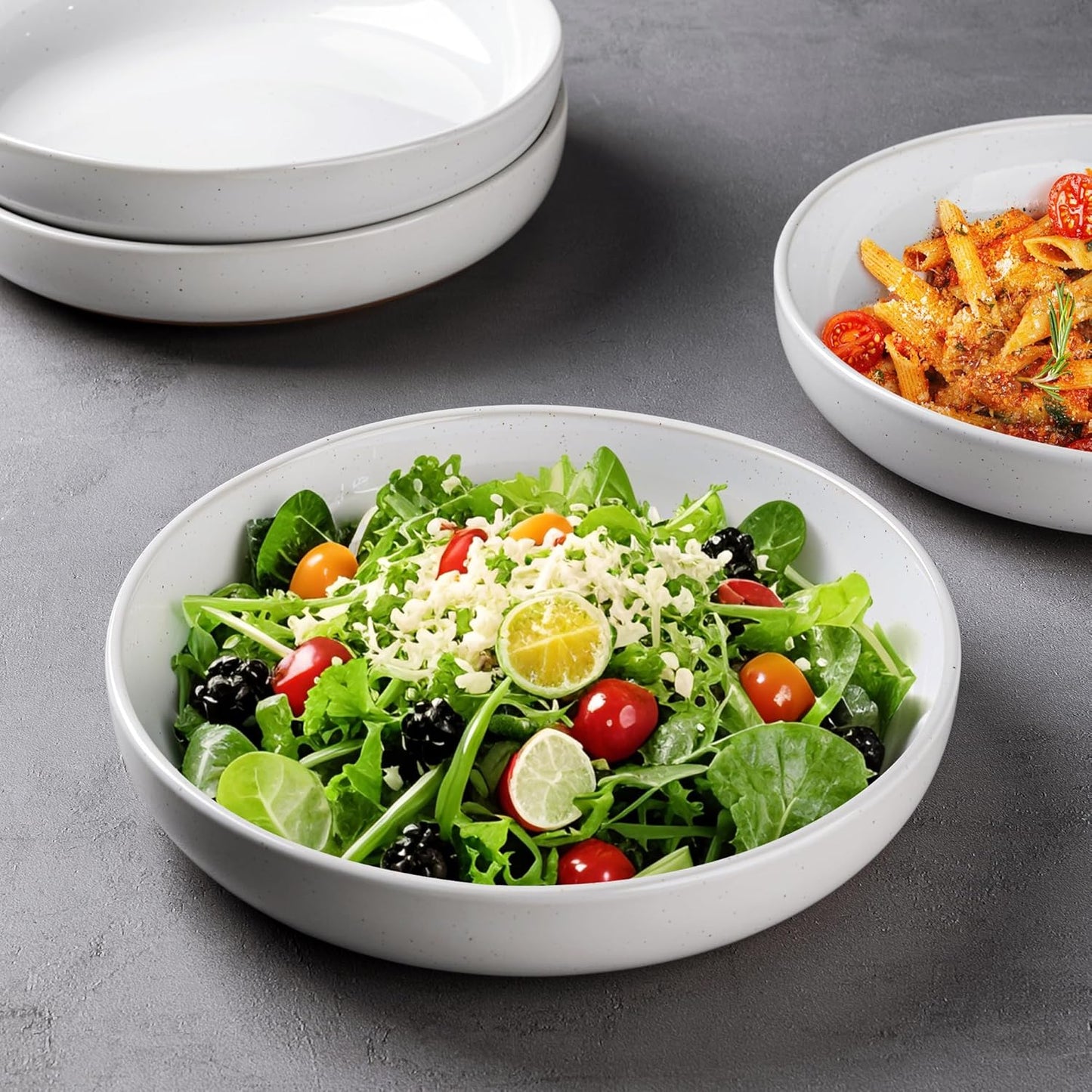 AmorArc 8.75'' Large Ceramic Pasta Bowls, 38oz Handpainted Stoneware Bowls Set of 4, Microwave&Dishwasher Safe Bowls with Rustic Terracotta Underside for Pasta Salad, White