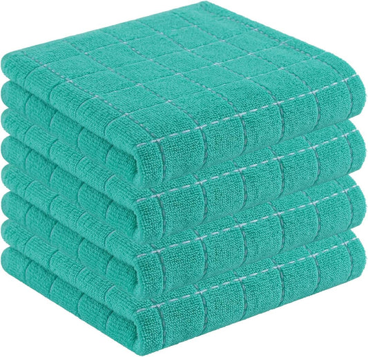Homaxy 100% Cotton Terry Kitchen Towels(Turquoise, 13 x 28 inches), Checkered Designed, Soft and Super Absorbent Dish Towels, 4 Pack